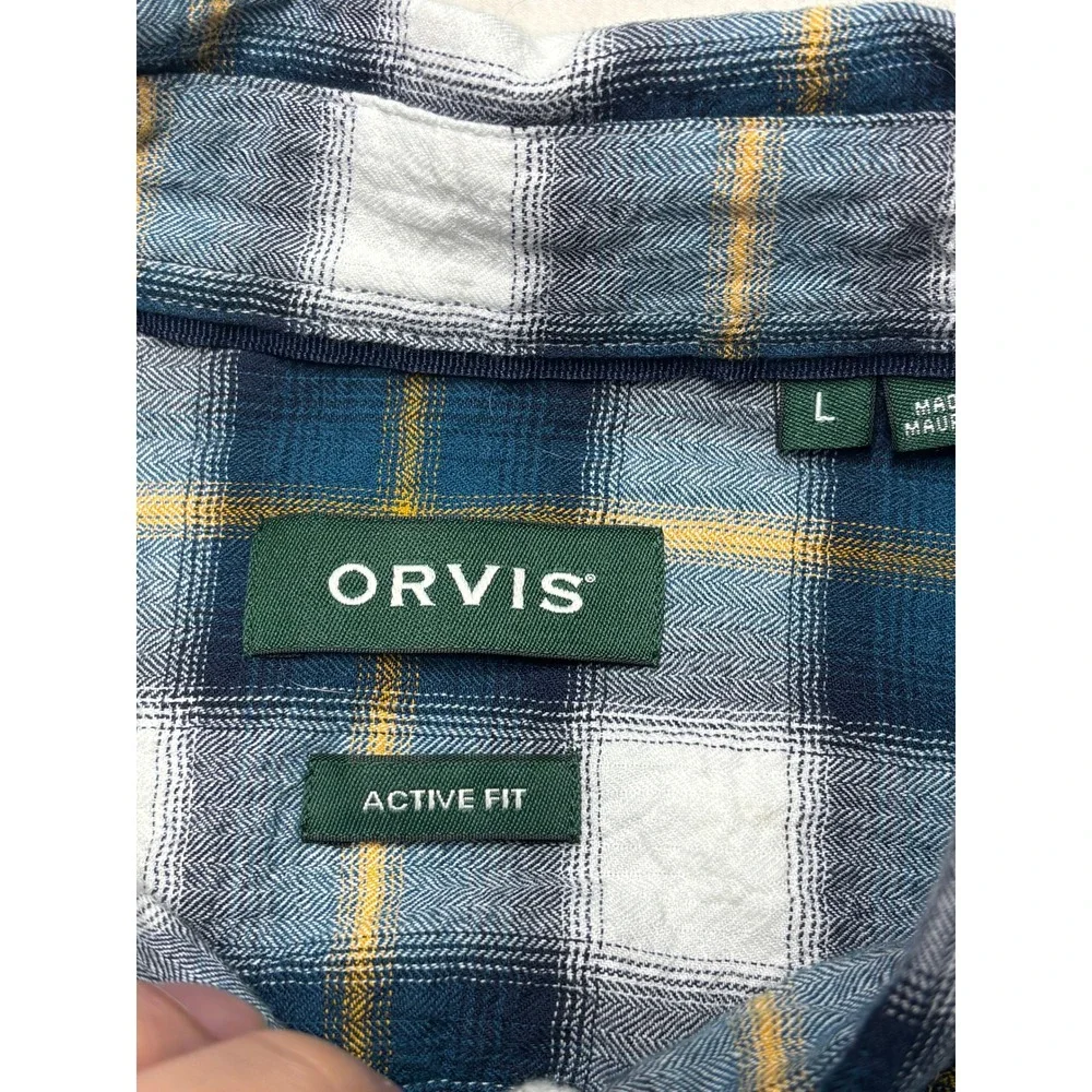 Orvis Mens Large Active Fit Flannel Shirt Navy Blue Gold Plaid Button Down L‎